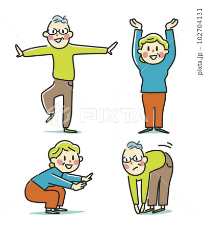 ロコモ運動器不全をチェックしているシニアカップル　セット　イラスト素材 102704131