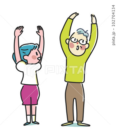 ロコモ運動器不全を肩挙上げでチェックしているおじいちゃんと孫　イラスト素材 102704134