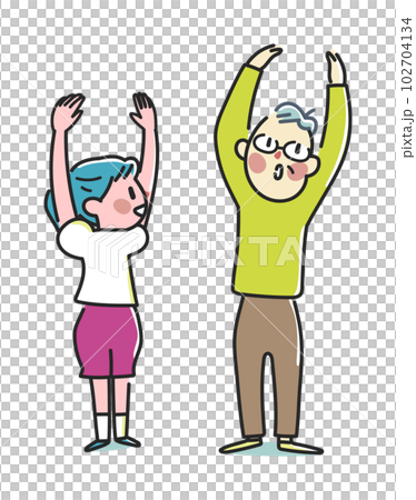ロコモ運動器不全を肩挙上げでチェックしているおじいちゃんと孫　イラスト素材 102704134