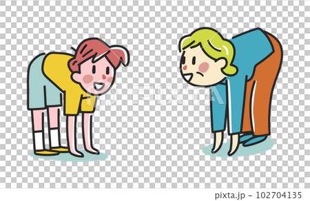 ロコモ運動器不全を前屈でチェックしているおばあちゃんと孫　イラスト素材 102704135