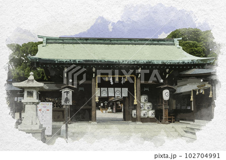 水彩画風　佐賀城下町　佐嘉神社　神門　佐賀県佐賀市 102704991