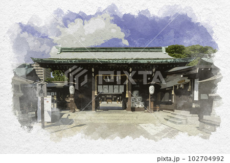 水彩画風　佐賀城下町　佐嘉神社　神門　佐賀県佐賀市 102704992