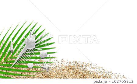 きれいな白い貝と砂珊瑚と椰子の葉、ビーチイメージの切抜き背景 102705212