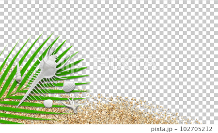 乾淨的白色貝殼和沙珊瑚和棕櫚葉，海灘圖像切口背景 102705212