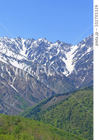 5月の白馬岩岳マウンテンリゾートから望む北アルプス 102705326