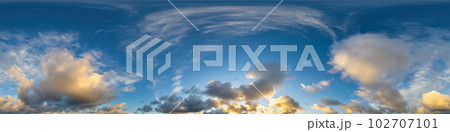Dark blue sunset sky panorama with Cumulus clouds. Seamless hdr pano in spherical equirectangular format. Complete zenith for 3D visualization, game and sky replacement for aerial drone 360 panoramas. Dark blue sunset sky panorama with Cumulus clouds. Seamless hdr pano in spherical equirectangular format. Complete zenith for 3D visualization, game and sky replacement for aerial drone 360 panoramas. 102707101