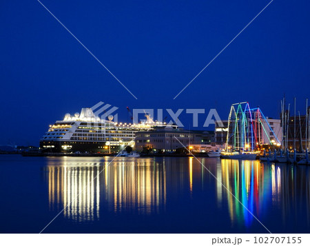 静岡県　クルーズ客船停泊時の港夜景　4月 102707155