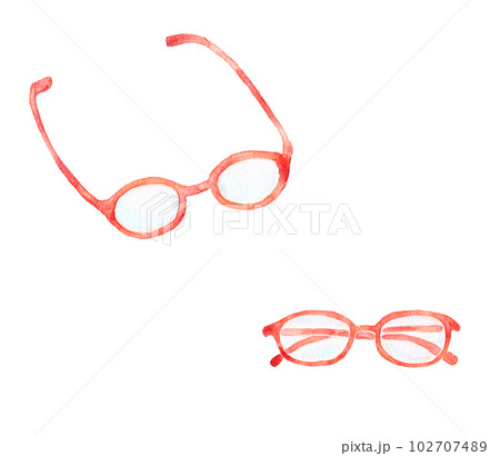 イラスト素材：眼鏡を畳まずに置いた状態と畳んだ状態のセット　赤色系　手描きの水彩画　 102707489