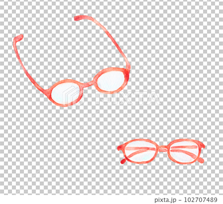 イラスト素材：眼鏡を畳まずに置いた状態と畳んだ状態のセット　赤色系　手描きの水彩画　 102707489