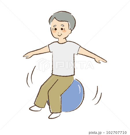 バランスボールに乗っている年配男性 バランスボールに乗っている年配男性 102707710