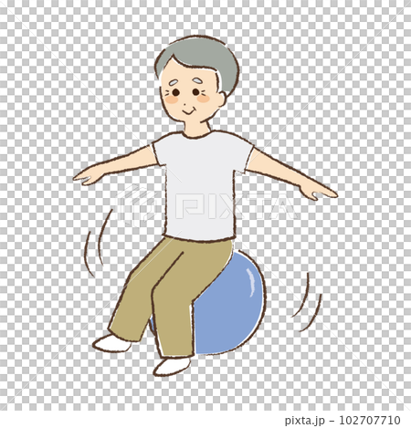 バランスボールに乗っている年配男性 バランスボールに乗っている年配男性 102707710