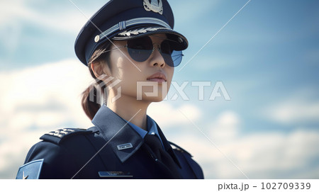青空の中働く警察官・ポリスの女性（Generative AI） 102709339
