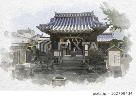 水彩画風　佐賀城下町　八坂神社　社殿　佐賀県佐賀市 102709434