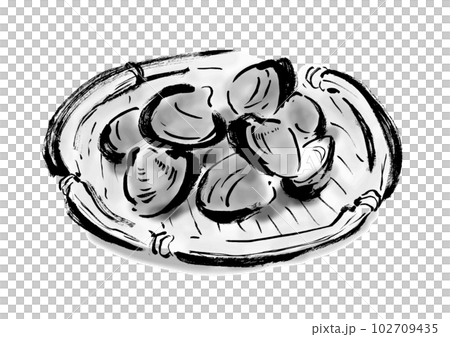 Japanese-style hand-drawn illustration of clams on a colander 102709435