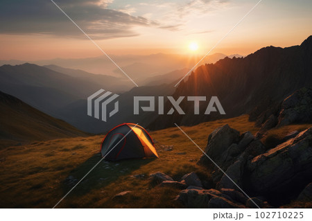 Relax and unwind amidst the natural beauty of the mountains with this stunning tent at sunset is AI Generative. 102710225