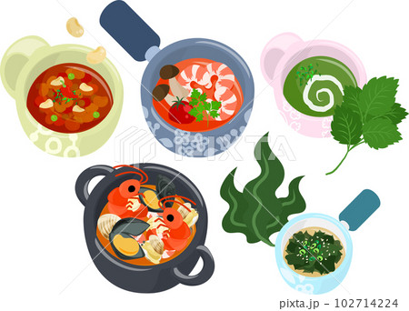 チリビーンズやトムヤンクンやモロヘイヤやブイヤベースなどのいろいろな美味しいスープのアイコン 102714224