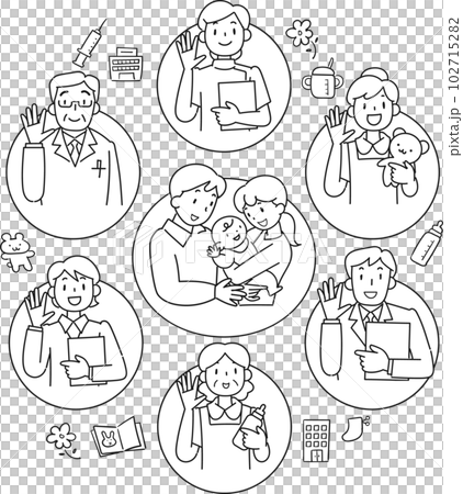 赤ちゃんを育てる若い男女と子育て支援のイメージ図 赤ちゃんを育てる若い男女と子育て支援のイメージ図 102715282