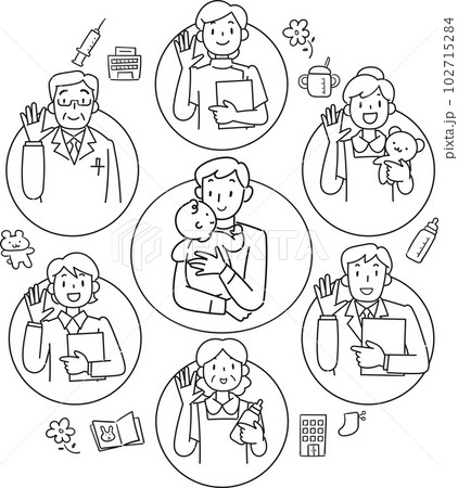 赤ちゃんを育てる若い父親と子育て支援のイメージ図 赤ちゃんを育てる若い父親と子育て支援のイメージ図 102715284