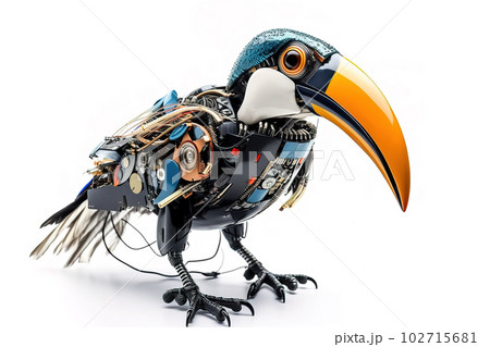 Image of a toucan modified into a robot on a white background. Birds. Wild animal. illustration, generative AI. 102715681