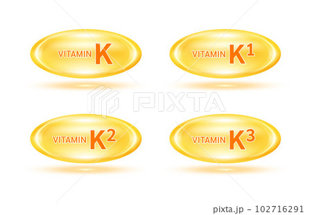 Vitamin K and minerals complex set. Glossy vitamins pills capsules orange. Pill, Healthy food supplement. Medical scientific and healthcare concept. Isolated on white background 3D Vector EPS10. Vitamin K and minerals complex set. Glossy vitamins pills capsules orange. Pill, Healthy food supplement. Medical scientific and healthcare concept. Isolated on white background 3D Vector EPS10. 102716291