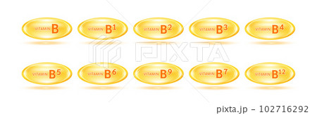 Vitamins and minerals complex set. Glossy vitamins pills capsules orange. Pill, Healthy food supplement. Medical scientific and healthcare concept. Isolated on white background 3D Vector EPS10. 102716292