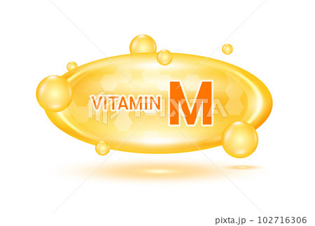 Vitamin M and minerals complex. Glossy vitamins pills capsules orange. Pill, Healthy food supplement. Medical scientific and healthcare concept. Isolated on white background 3D Vector EPS10. 102716306