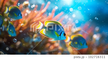 Tropical sea underwater fishes on coral reef. Aquarium oceanarium wildlife colorful marine panorama landscape nature snorkeling diving Tropical sea underwater fishes on coral reef. Aquarium oceanarium wildlife colorful marine panorama landscape nature snorkeling diving 102716311