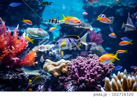Tropical sea underwater fishes on coral reef. Aquarium oceanarium wildlife colorful marine panorama landscape nature snorkeling diving Tropical sea underwater fishes on coral reef. Aquarium oceanarium wildlife colorful marine panorama landscape nature snorkeling diving 102716320