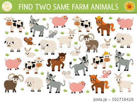 Find two same farm animals. On the farm matching activity for children. Rural village educational quiz worksheet for kids for attention skills. Simple printable game with cute pig, cow, goat, horse 102716426