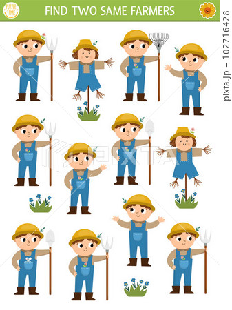 Find two same farmers. On the farm matching activity for children. Rural village educational quiz worksheet for kids for attention skills. Simple printable game with cute boy Find two same farmers. On the farm matching activity for children. Rural village educational quiz worksheet for kids for attention skills. Simple printable game with cute boy 102716428