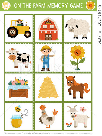 Vector on the farm memory game cards with cute traditional rural symbols. Farm garden matching activity. Remember and find correct card. Simple printable worksheet for kids Vector on the farm memory game cards with cute traditional rural symbols. Farm garden matching activity. Remember and find correct card. Simple printable worksheet for kids 102716448