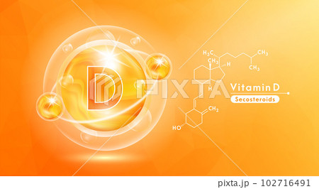 Vitamin D orange and structure. Pill vitamins complex and bubble collagen serum chemical formula. Beauty treatment nutrition skin care design. Medical and scientific concepts. 3D Vector EPS10. Vitamin D orange and structure. Pill vitamins complex and bubble collagen serum chemical formula. Beauty treatment nutrition skin care design. Medical and scientific concepts. 3D Vector EPS10. 102716491