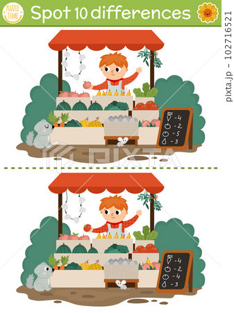 Find differences game for children with boy selling fruit and vegetables on market stall. On the farm educational activity with cute vendor. Farm puzzle for kids. Printable worksheet or page 102716521