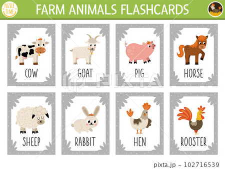 Vector flash cards set with farm animals. English language game with cute cow, horse, goat, pig for kids. Rural countryside on the farm flashcards. Simple educational printable worksheet. 102716539
