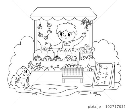 Vector black and white farmer selling fruit and vegetables in a street stall icon. Cute outline farm market scene. Rural country vendor. Funny farm cartoon salesman illustration or coloring page 102717035
