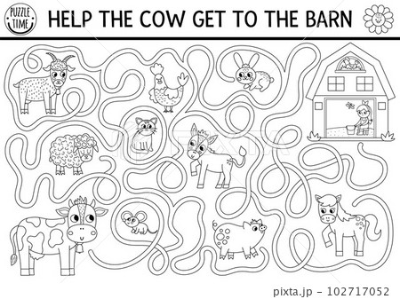 Black and white farm maze for kids with animals and cottage shed. Country side line preschool printable activity with cute goat, pig, horse, sheep. Labyrinth coloring page. Help the cow get to barn 102717052