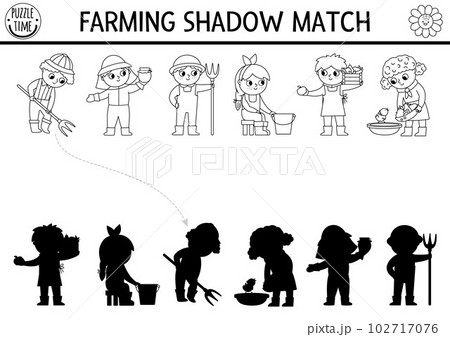 Black and white farm shadow matching activity with cute kid farmers. Country line village puzzle with beekeeper, dairymaid. Find correct silhouette printable coloring game. On the farm page Black and white farm shadow matching activity with cute kid farmers. Country line village puzzle with beekeeper, dairymaid. Find correct silhouette printable coloring game. On the farm page 102717076
