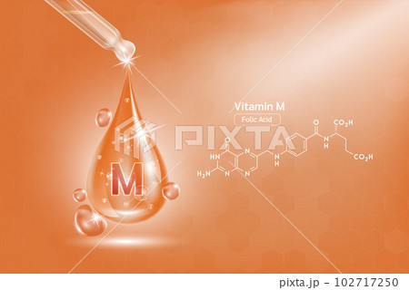 Vitamin M serum liquid gel in dropper and structure. Cream collagen complex with chemical formula from nature skin care vitamins. On orange background 3D realistic vector. Medical scientific concept. 102717250