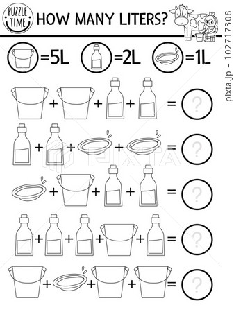 Farm how many liters black and white game with funny cow, milk dairymaid. On the farm line math addition activity or coloring page. Printable simple country counting worksheet for kids Farm how many liters black and white game with funny cow, milk dairymaid. On the farm line math addition activity or coloring page. Printable simple country counting worksheet for kids 102717308