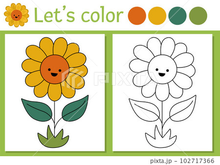 On the farm coloring page for children with sunflower. Vector rural country outline illustration with cute sun flower. Color book for kids with colored example. Drawing skills printable worksheet On the farm coloring page for children with sunflower. Vector rural country outline illustration with cute sun flower. Color book for kids with colored example. Drawing skills printable worksheet 102717366
