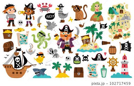 Vector pirate set. Cute sea adventures icons collection. Treasure island illustrations with ship, captain, sailors, chest, map, parrot, monkey, map. Funny pirate party elements for kids. Vector pirate set. Cute sea adventures icons collection. Treasure island illustrations with ship, captain, sailors, chest, map, parrot, monkey, map. Funny pirate party elements for kids. 102717459