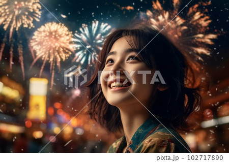 花火を楽しむ女性のイメージ：AI生成画像 102717890