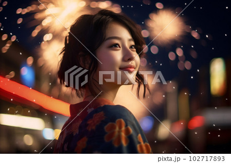 花火を楽しむ女性のイメージ：AI生成画像 102717893