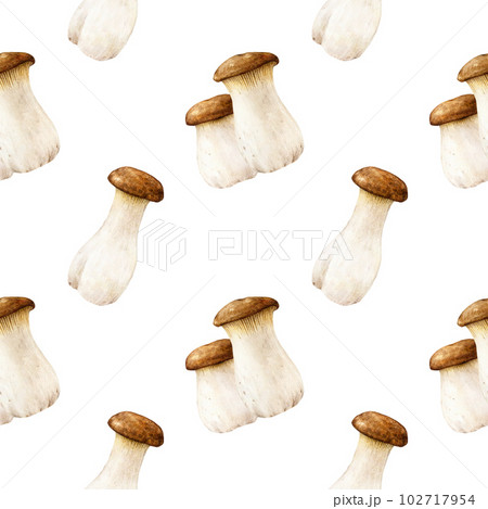 King trumpet mushroom seamless pattern. Watercolor illustration. Hand painted Pleurotus eryngii fungus. Edible fresh king oyster mushroom seamless pattern element. White background 102717954