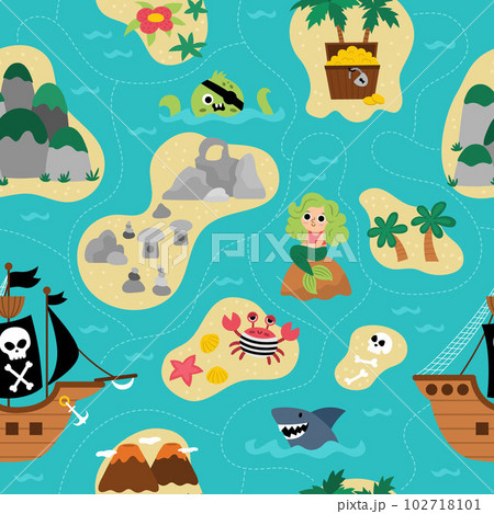 Vector treasure island seamless pattern with pirate ship, mermaid, octopus. Cute repeat background with tropical sea isles, sand, palm trees, volcano, rocks. Treasure island digital paper 102718101