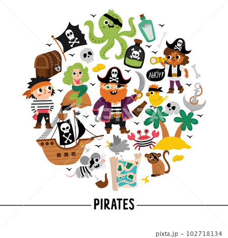 Vector pirate round frame with pirates, ship and animals. Treasure island card template or marine party design for banners, invitations. Cute sea adventures illustration with octopus, mermaid, parrot Vector pirate round frame with pirates, ship and animals. Treasure island card template or marine party design for banners, invitations. Cute sea adventures illustration with octopus, mermaid, parrot 102718134