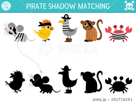 Pirate shadow matching activity with animals. Treasure island hunt puzzle with cute rat, parrot, seagull, monkey, crab. Find correct silhouette printable worksheet or game. Sea adventures page for 102718261