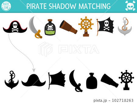 Pirate shadow matching activity. Treasure island hunt puzzle with cute pirate hat, sable, bottle, anchor, flag. Find correct silhouette printable worksheet or game. Sea adventures page for kids Pirate shadow matching activity. Treasure island hunt puzzle with cute pirate hat, sable, bottle, anchor, flag. Find correct silhouette printable worksheet or game. Sea adventures page for kids 102718263