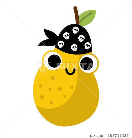 Vector funny kawaii pear icon. Pirate fruit illustration. Comic plant fruit with eyes, pirate hat and mouth isolated on white background. Healthy summer garden food clipart. 102718322