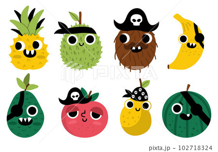 Vector funny kawaii fruit icons set. Pirate fruits illustration. Comic plants with eyes, pirate hat, eye patch, and mouth. Healthy summer food collection with banana, apple, pineapple 102718324